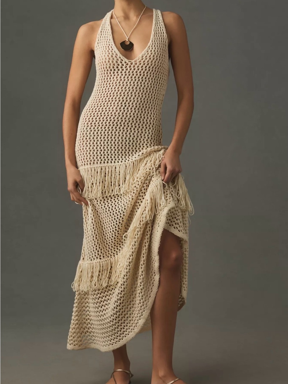 Sunday in Brooklyn Cream Open-Knit Fringe Dress Size M/L